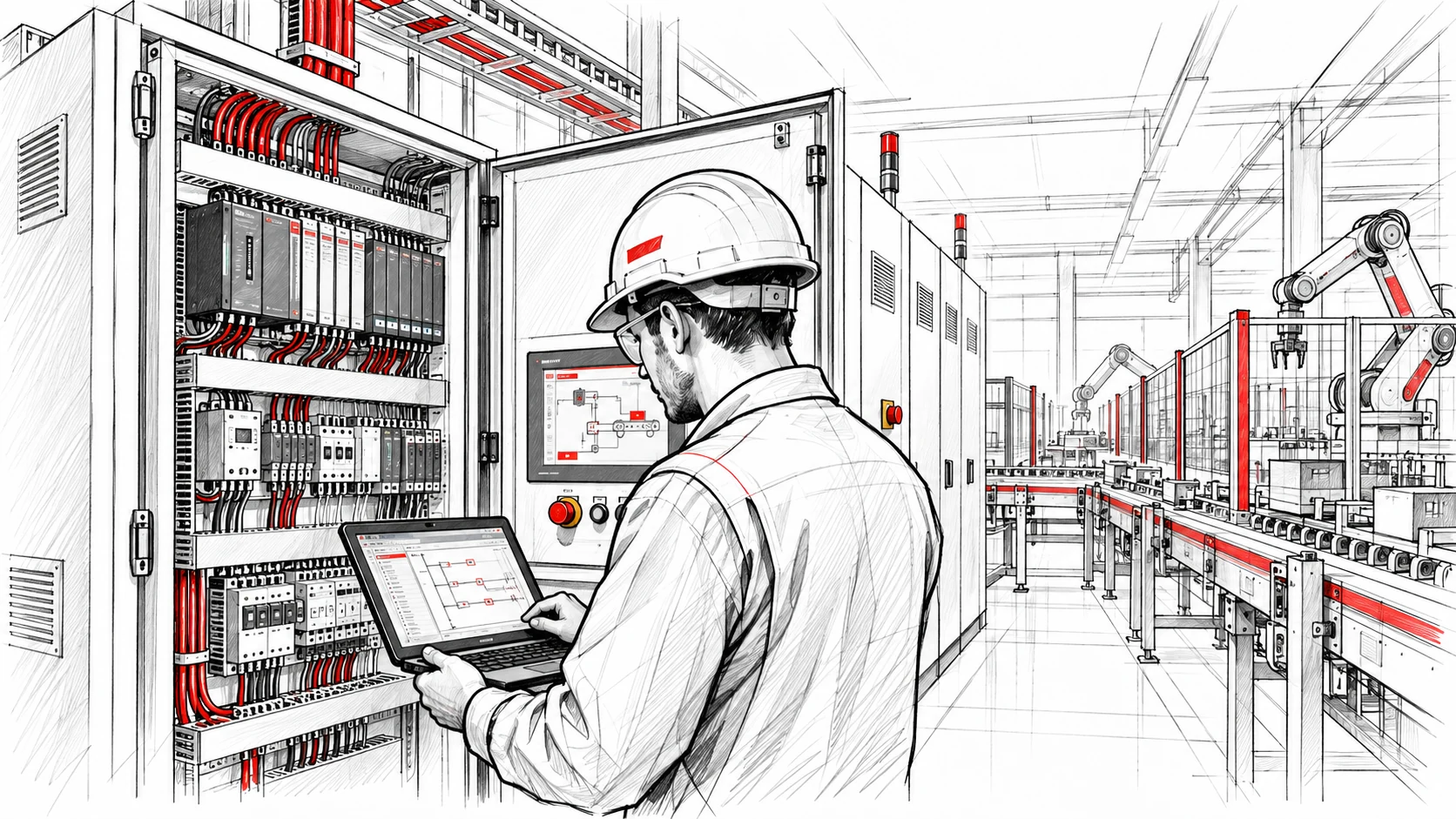Boceto de un ingeniero configurando un gabinete PLC y HMI